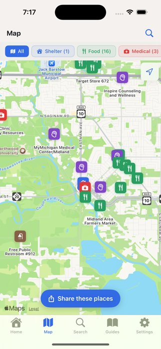The WarmBeds app showing a map of nearby shelters, food, and clinics
