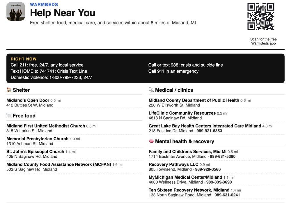 Example help sheet listing shelters, food, clinics, and crisis lines in Midland, Michigan